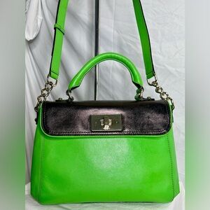 KATE SPADE Lime Kelly Green Black Leather Convertible Top Handle Crossbody Bag